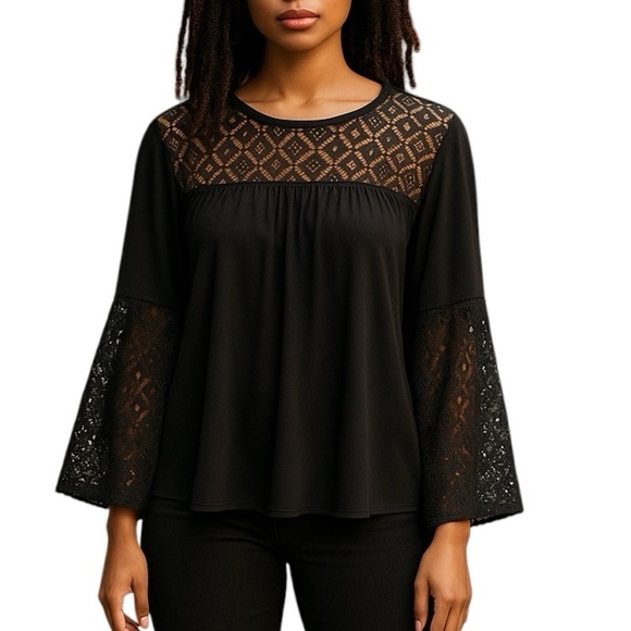 Michael Michael Kors Black Lace Trim Bell Sleeve Pullover Top Women’s Medium - Picture 13 of 13